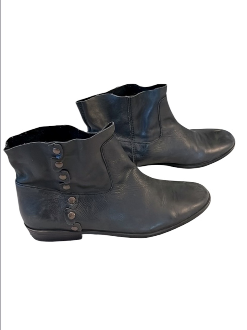 Nine West Unisex Black Leather Bronze-tone Studs Slip Flat On Ankle Boots 7.5